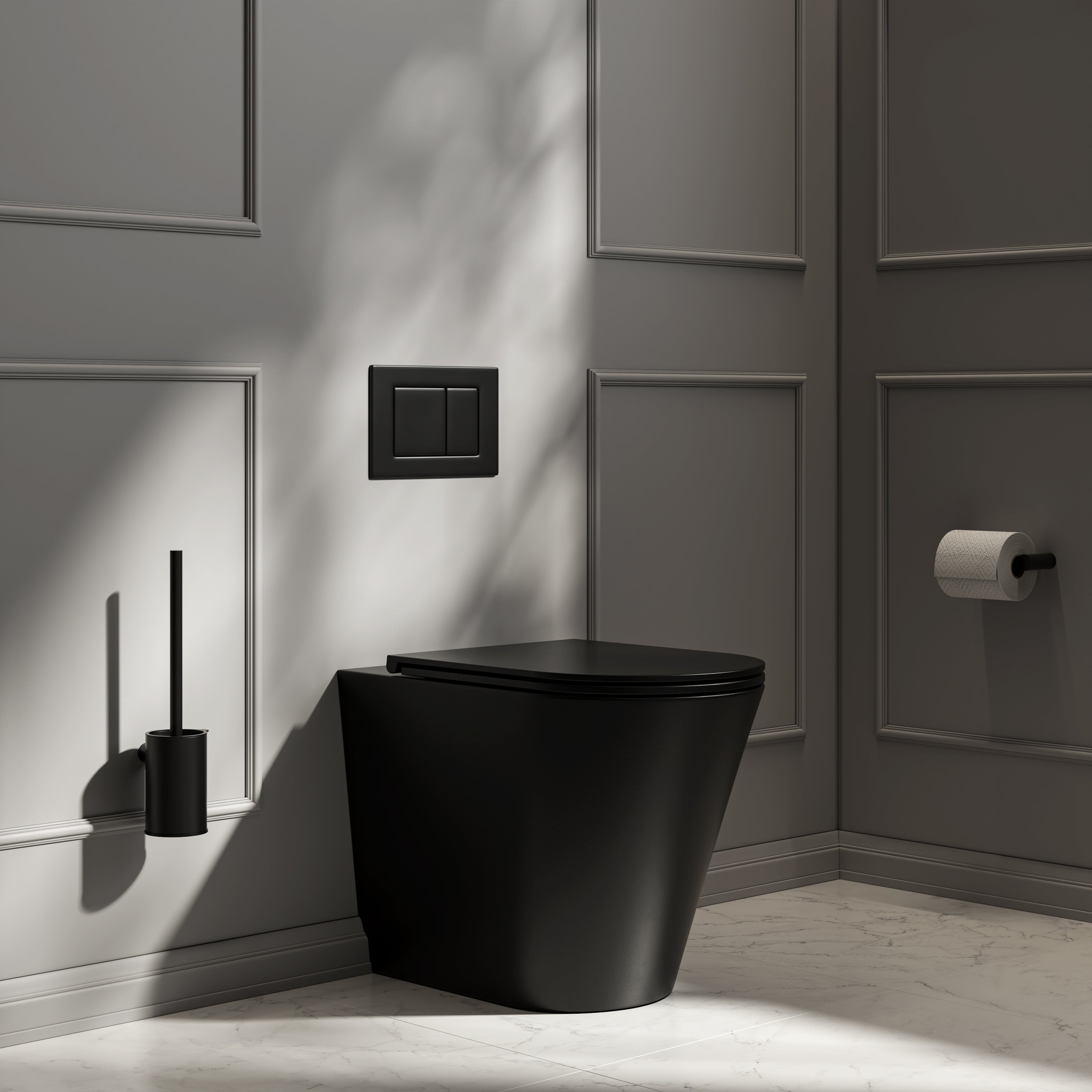 Nuvo Back to Wall Rimless Matte Black Toilet with Concealed Cistern & Matte Black Flush Plate
