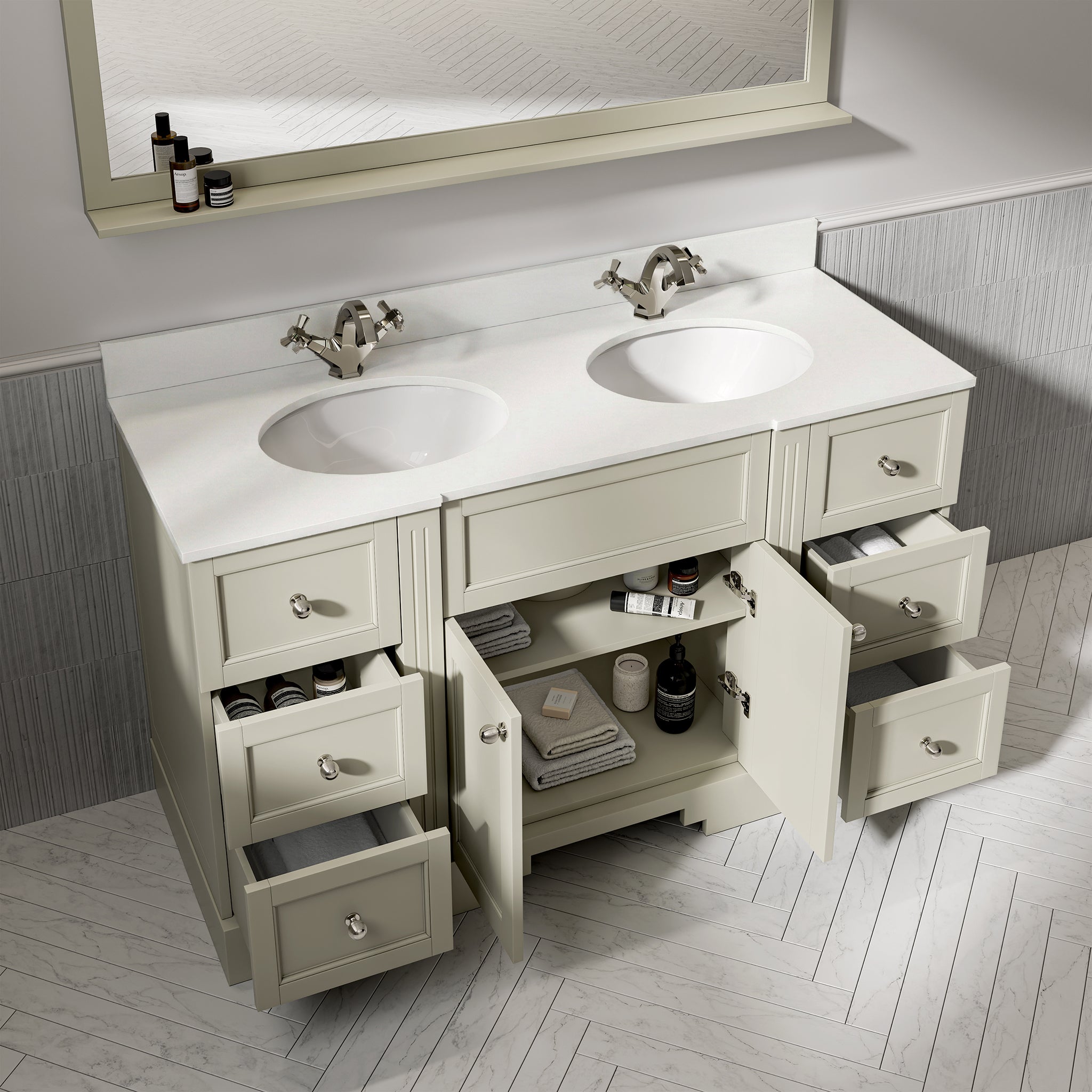Wentworth Quartz Floorstanding Vanity Unit (Matte Olive) 1400mm