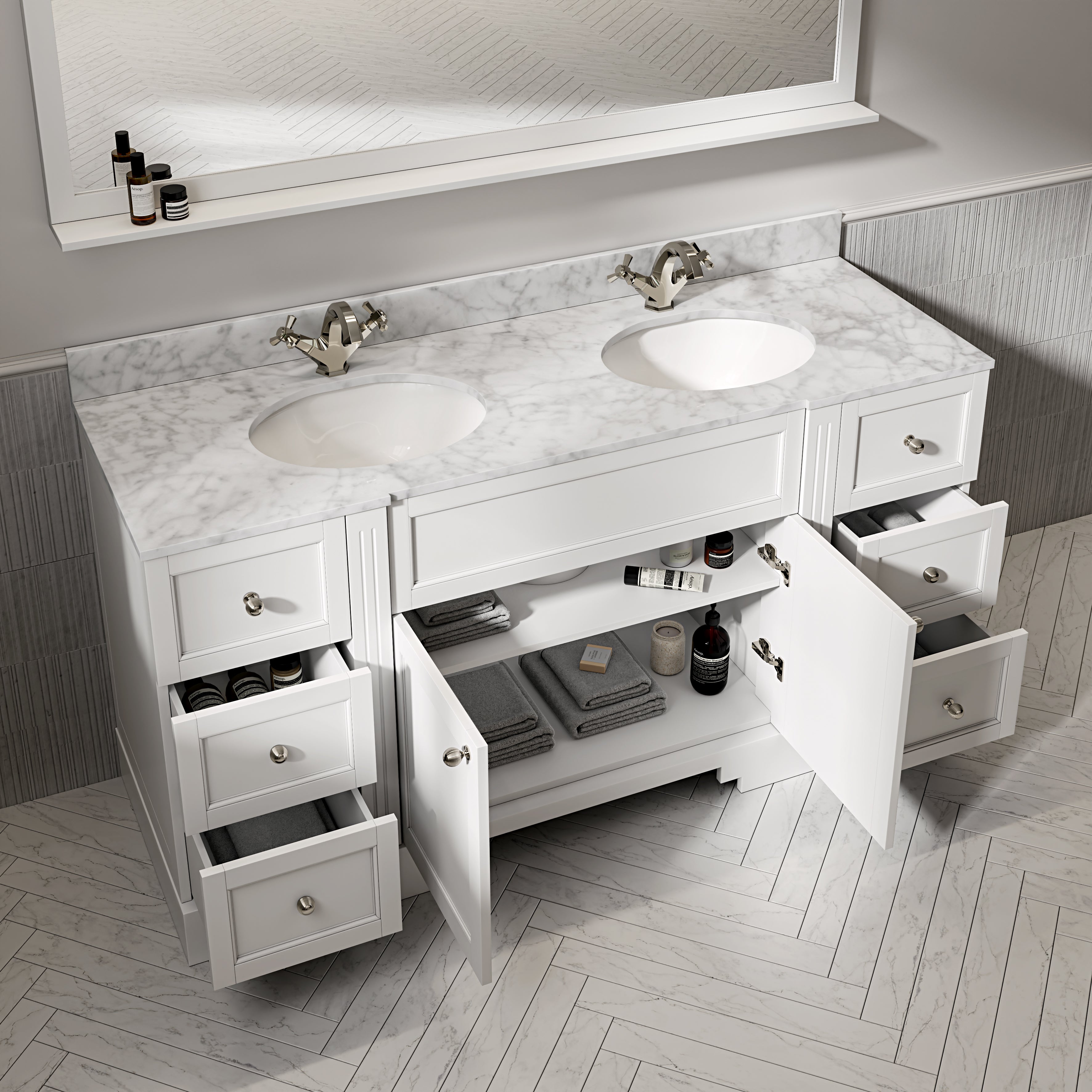 Wentworth Carrara Marble Floorstanding Vanity Unit (Matte White) 1600mm