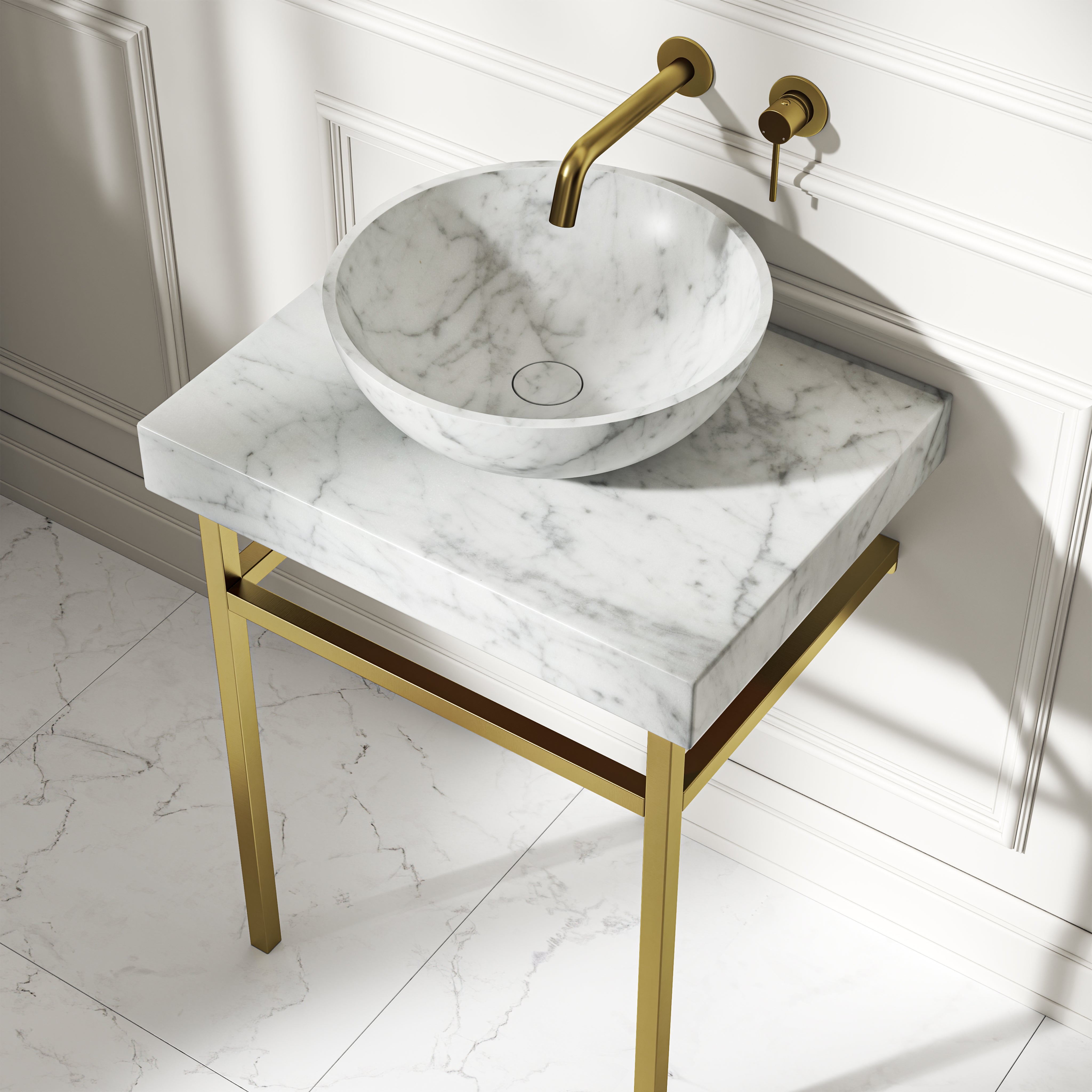 Capola Carrara Marble Countertop Brushed Gold Vanity Unit 600mm