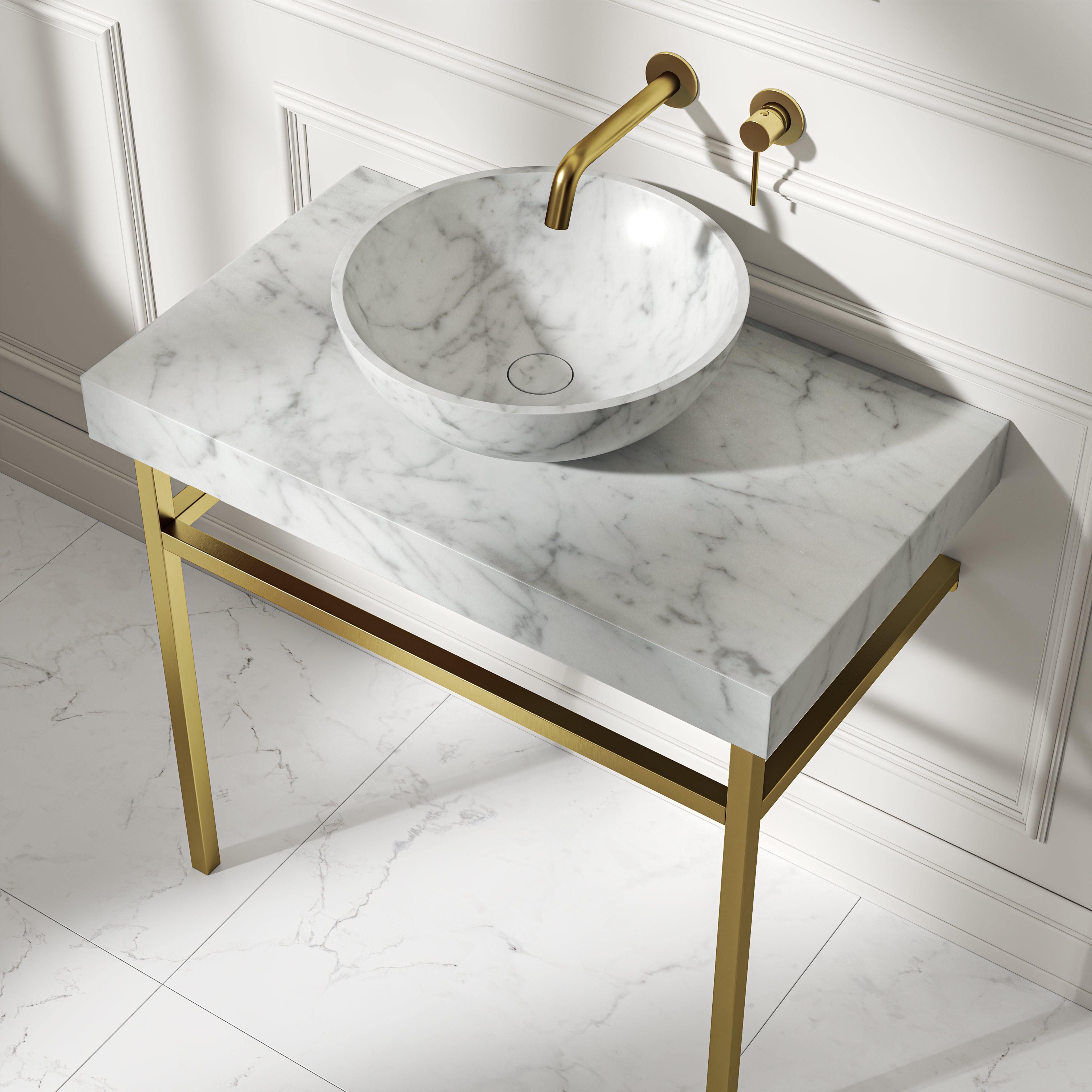 Capola Carrara Marble Countertop Brushed Gold Vanity Unit 800mm