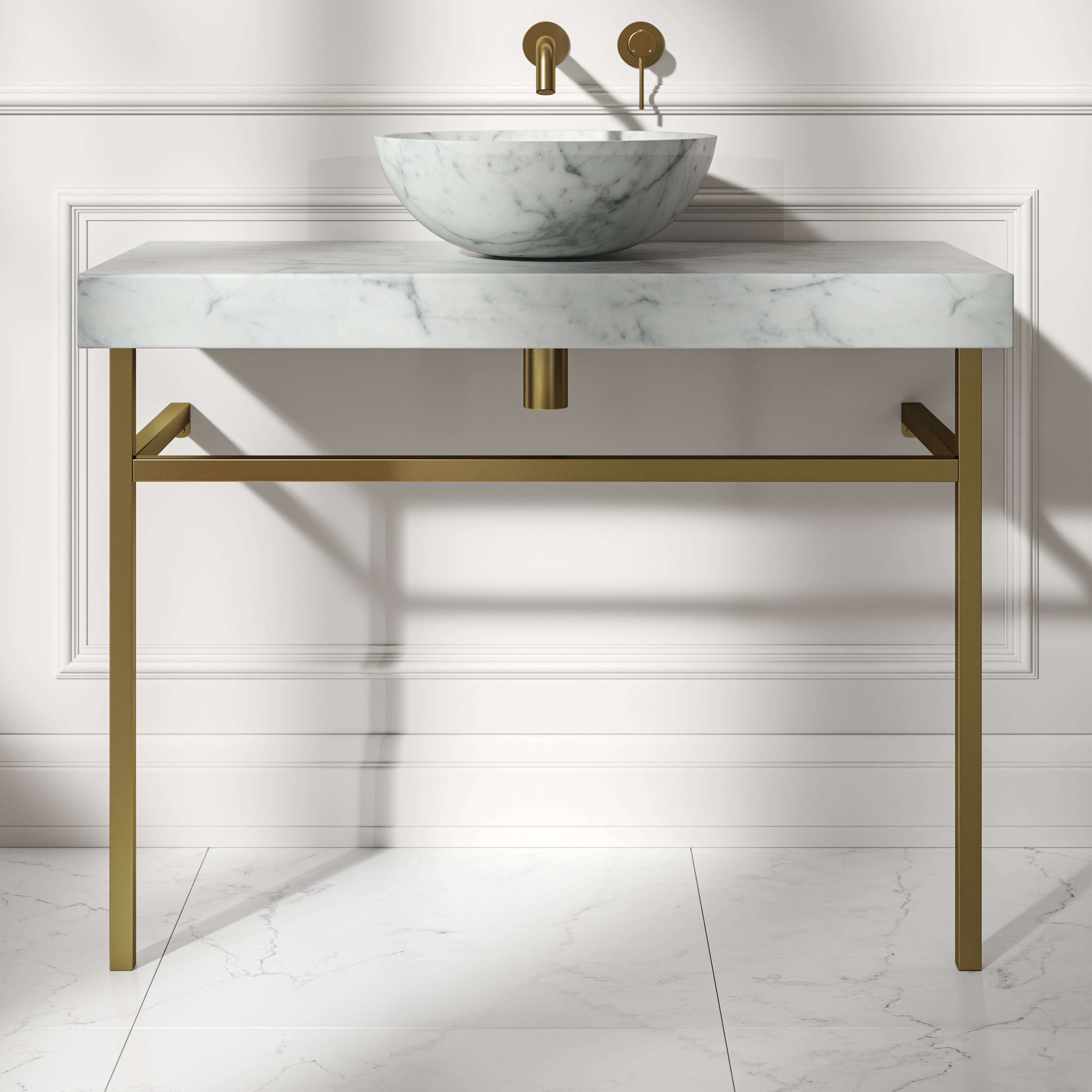 Capola Carrara Marble Countertop Brushed Gold Vanity Unit 1000mm