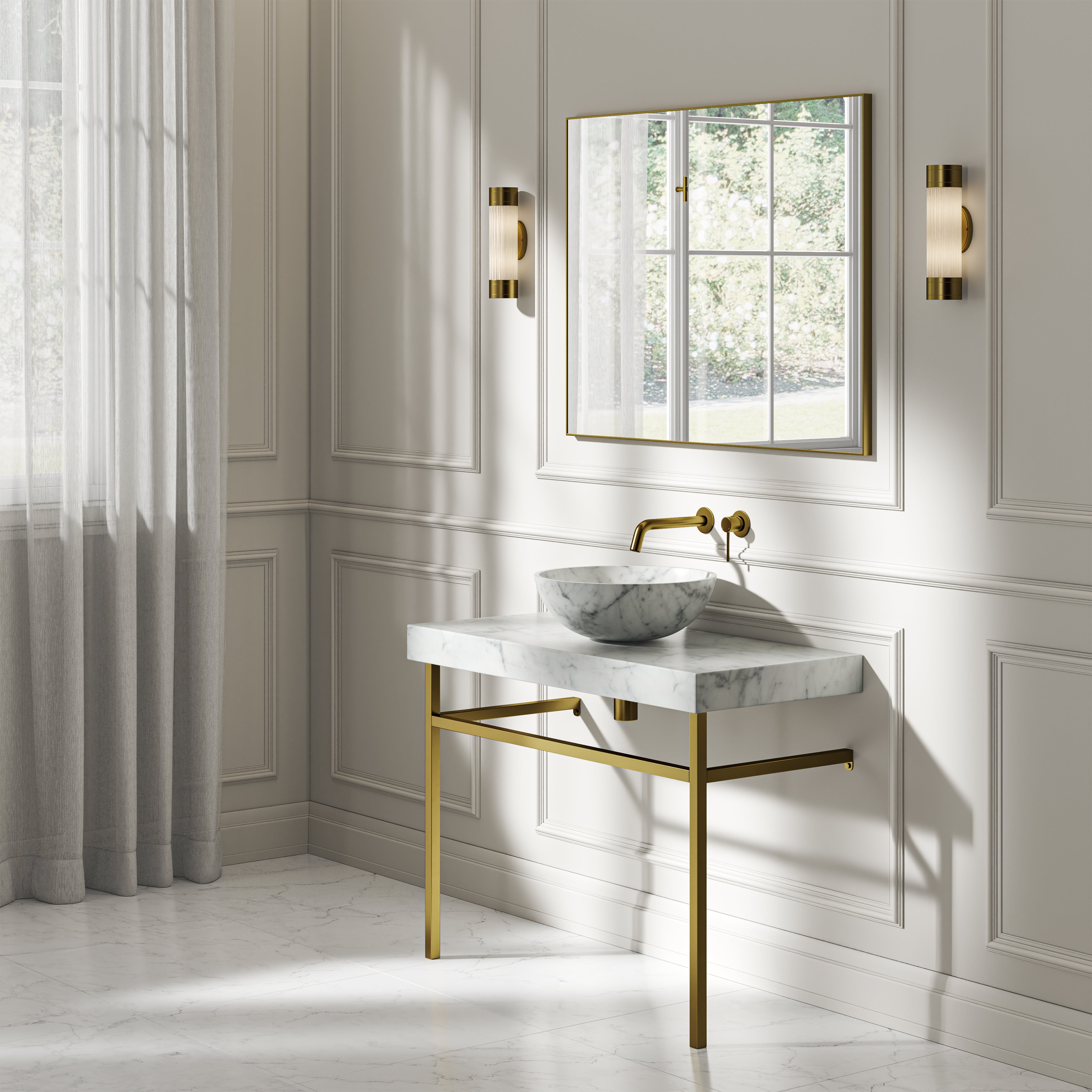 Capola Carrara Marble Countertop Brushed Gold Vanity Unit 1000mm