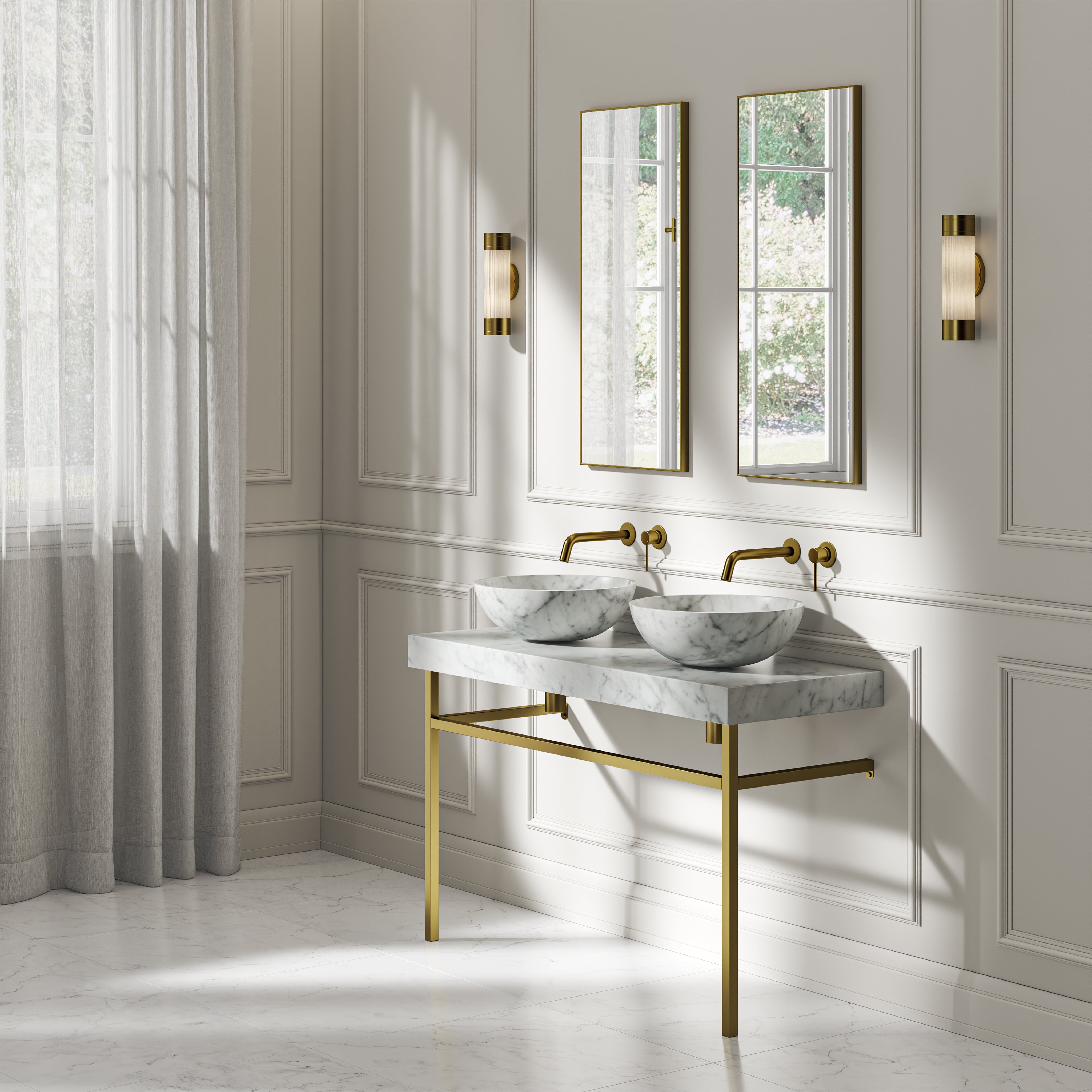 Capola Carrara Marble Countertop Brushed Gold Vanity Unit 1200mm