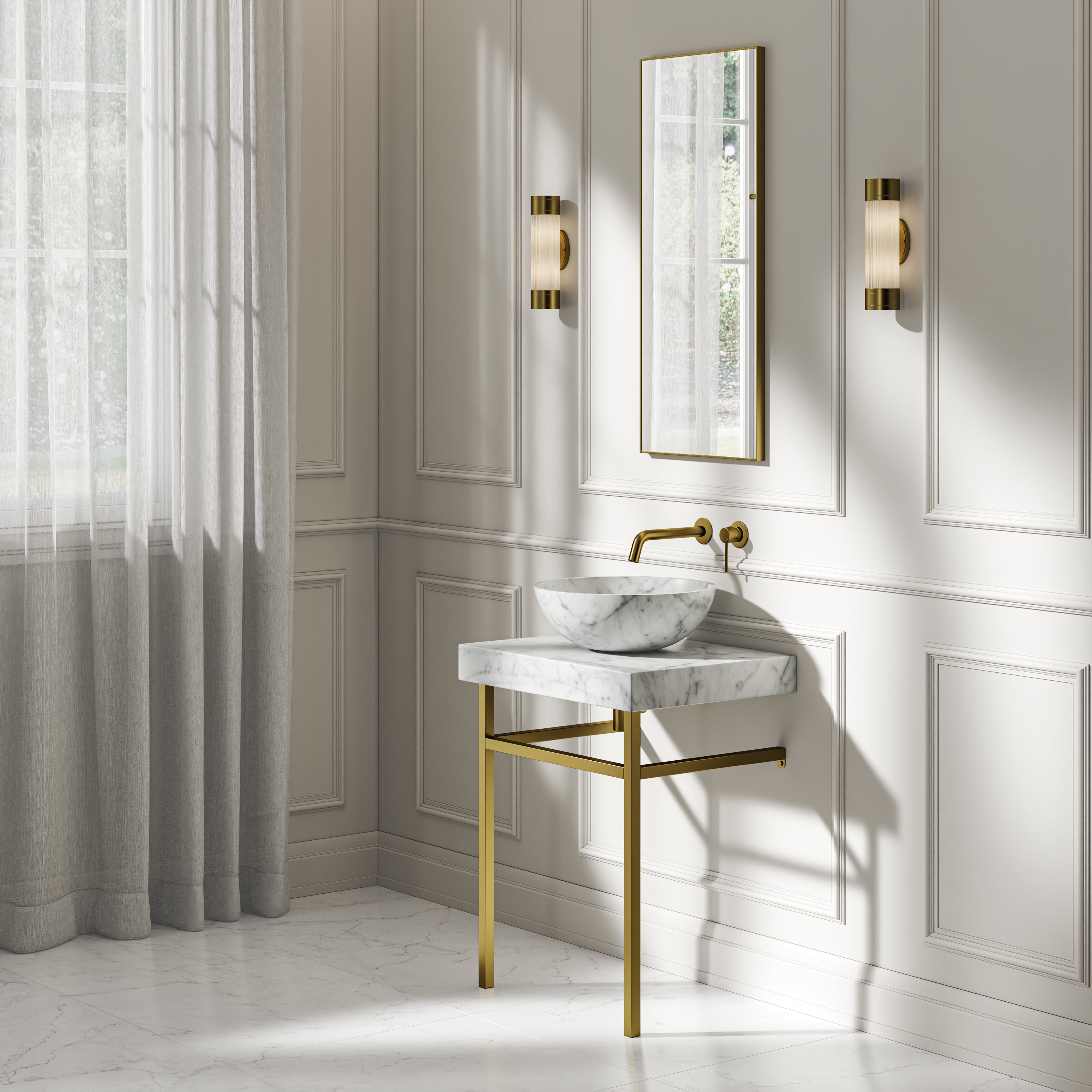 Capola Carrara Marble Countertop Brushed Gold Vanity Unit 600mm