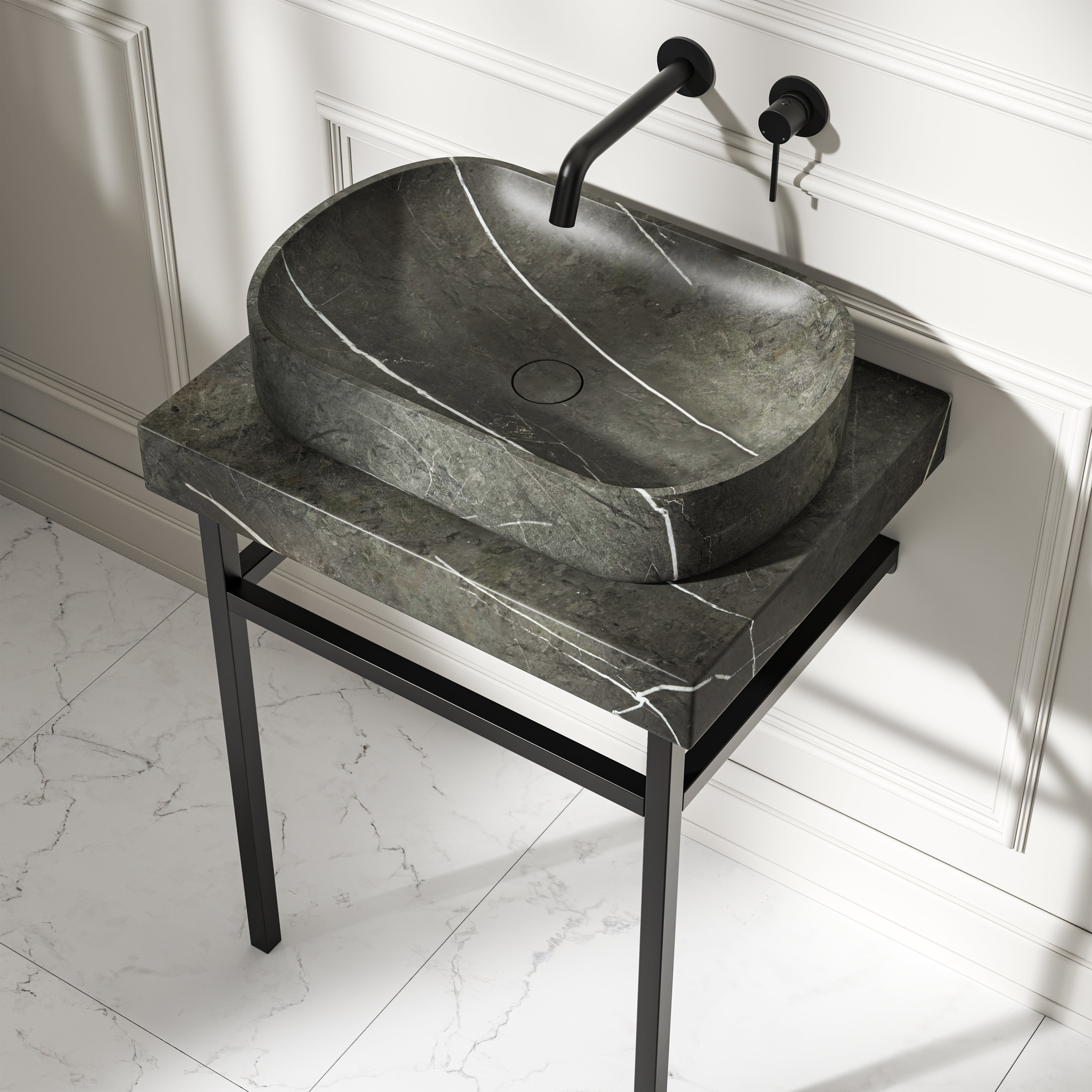 Capola Pietra Grey Marble Countertop Matte Black Vanity Unit 600mm