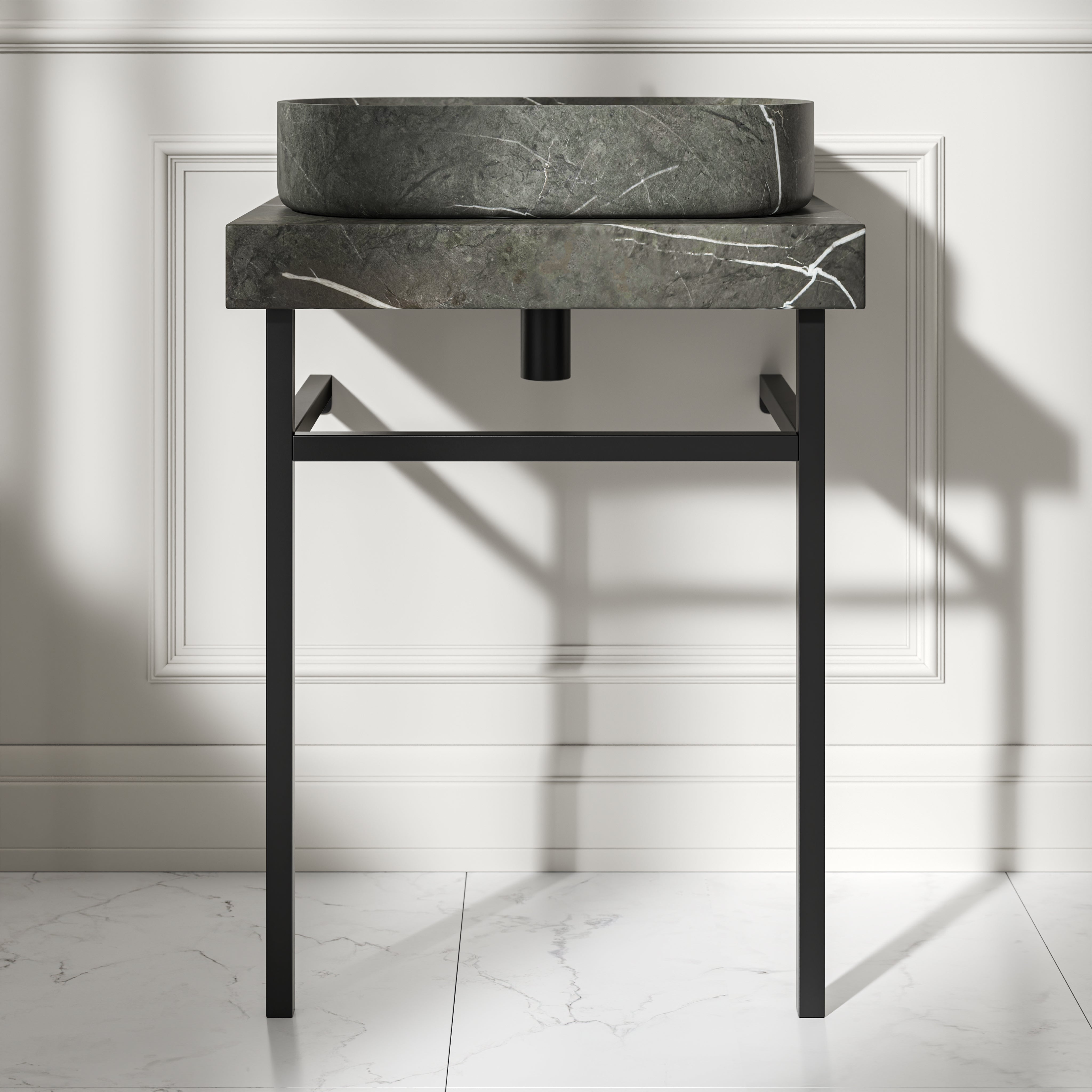 Capola Pietra Grey Marble Countertop Matte Black Vanity Unit 600mm