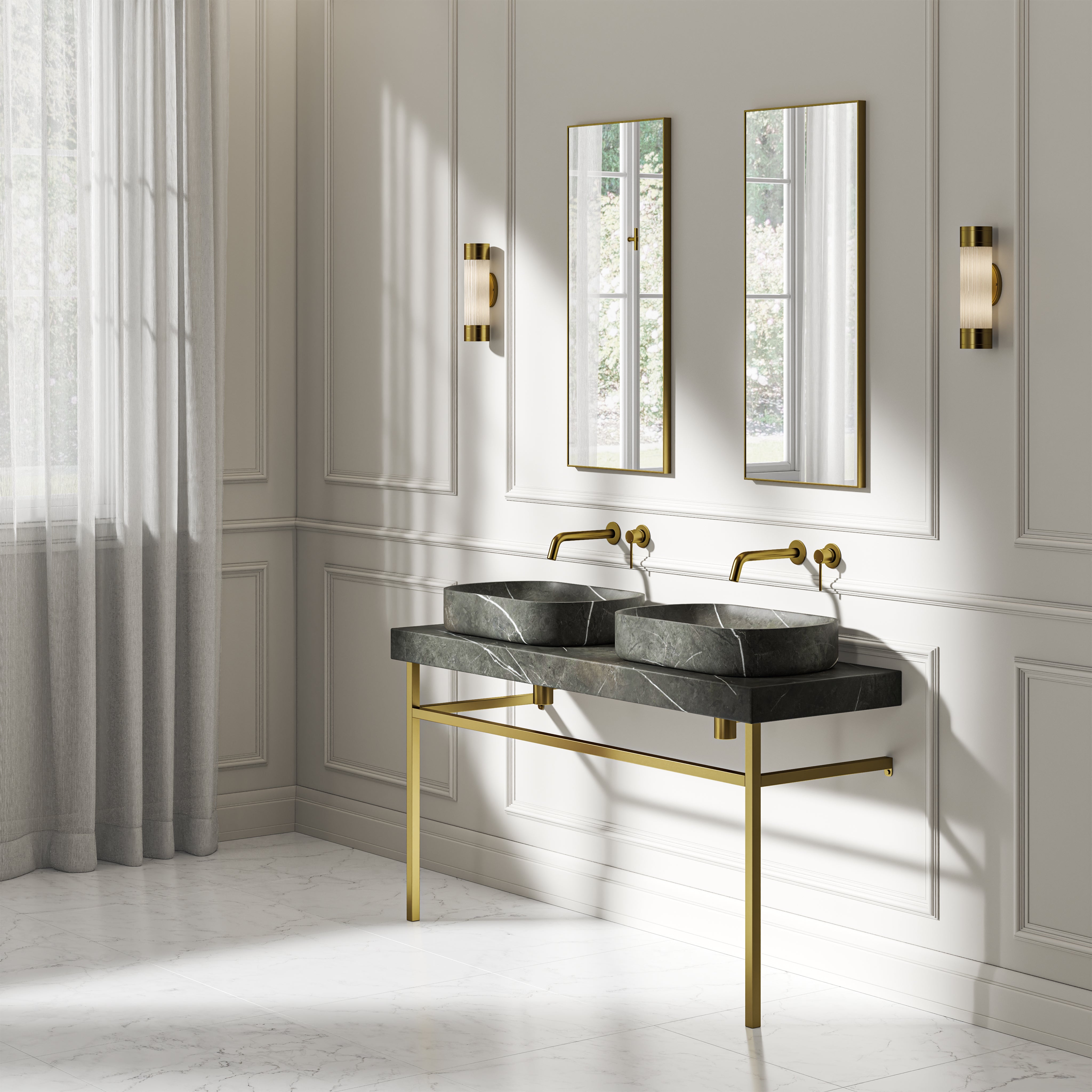 Capola Pietra Grey Marble Countertop Brushed Gold Vanity Unit 1400mm