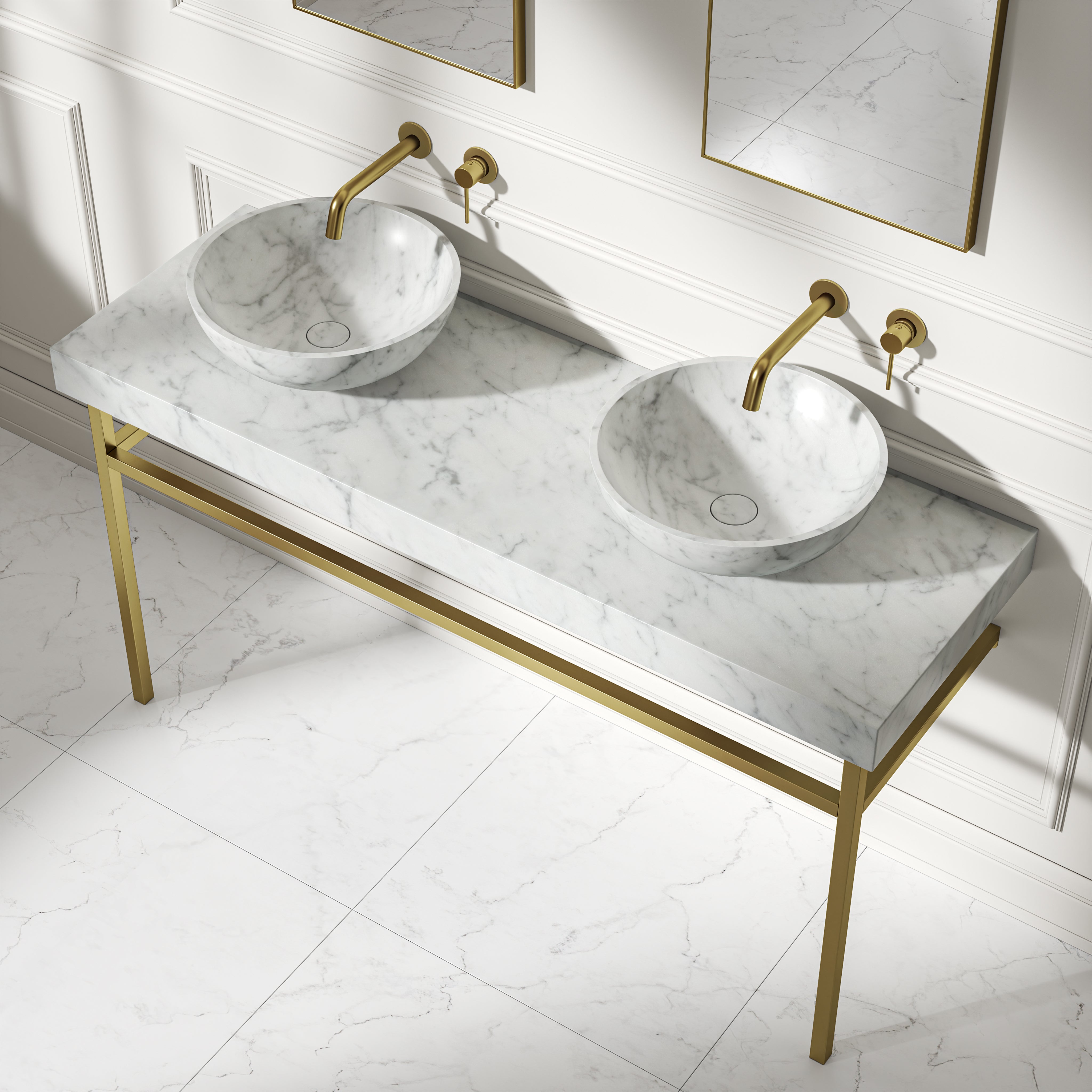 Capola Carrara Marble Countertop Brushed Gold Vanity Unit 1400mm