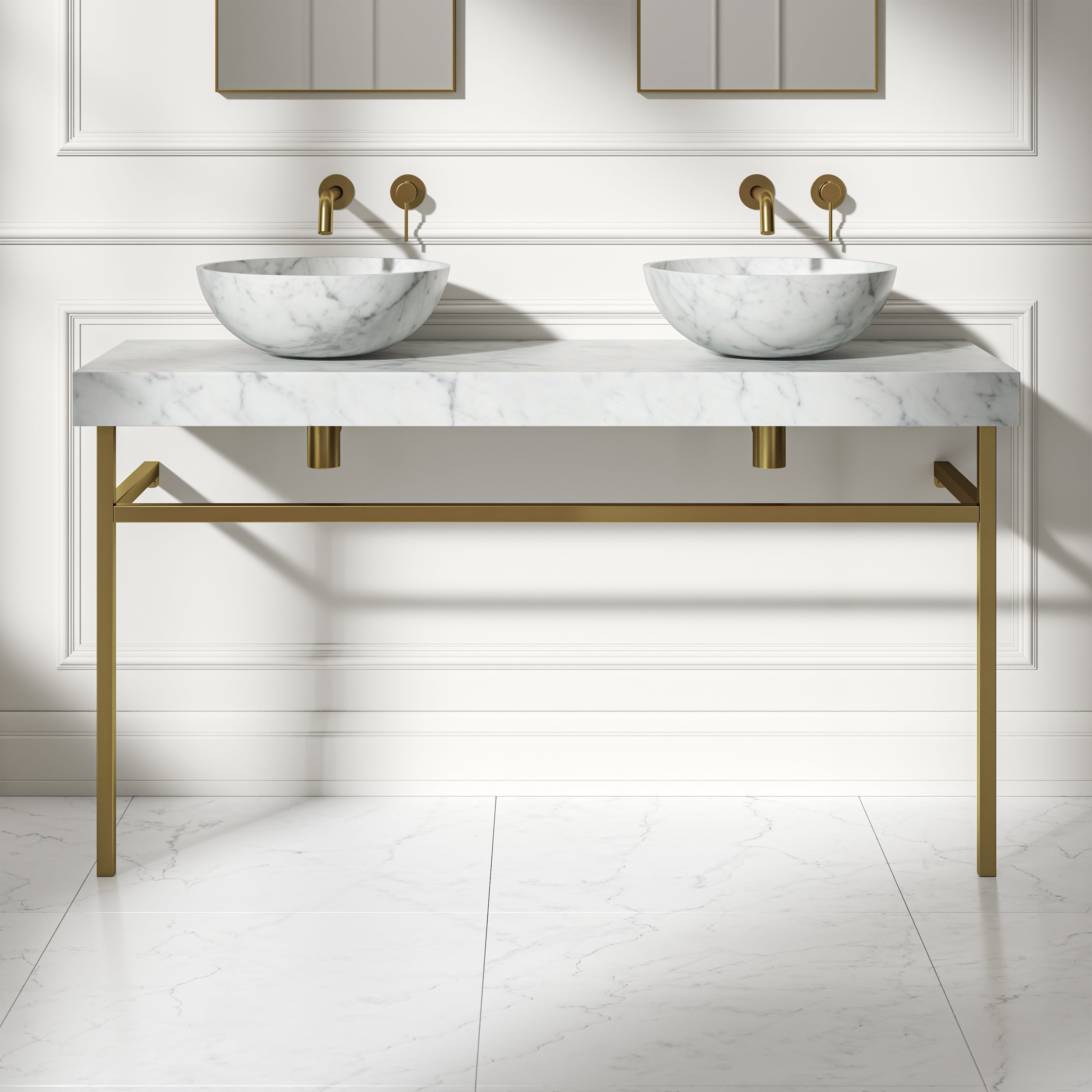 Capola Carrara Marble Countertop Brushed Gold Vanity Unit 1400mm