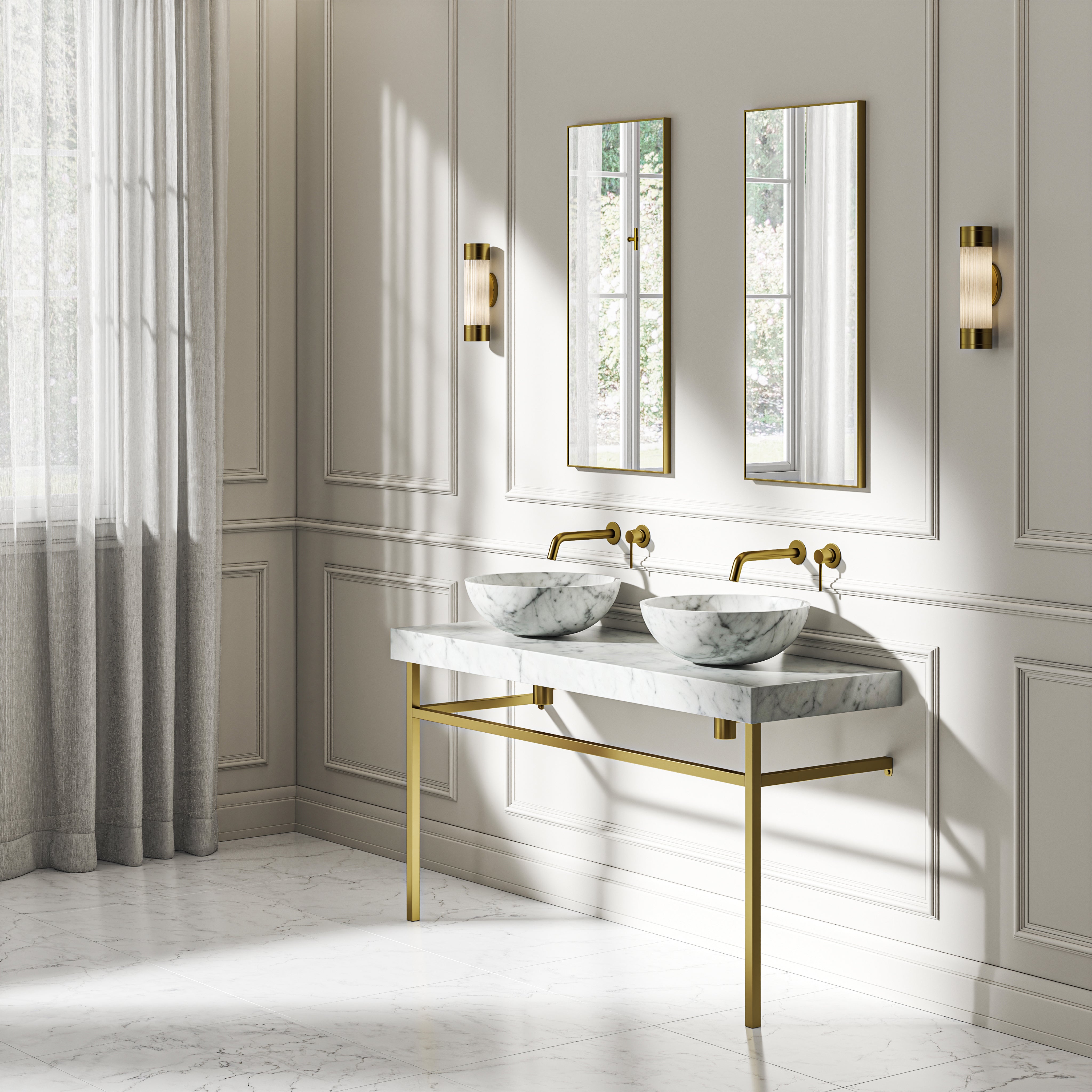 Capola Carrara Marble Countertop Brushed Gold Vanity Unit 1400mm