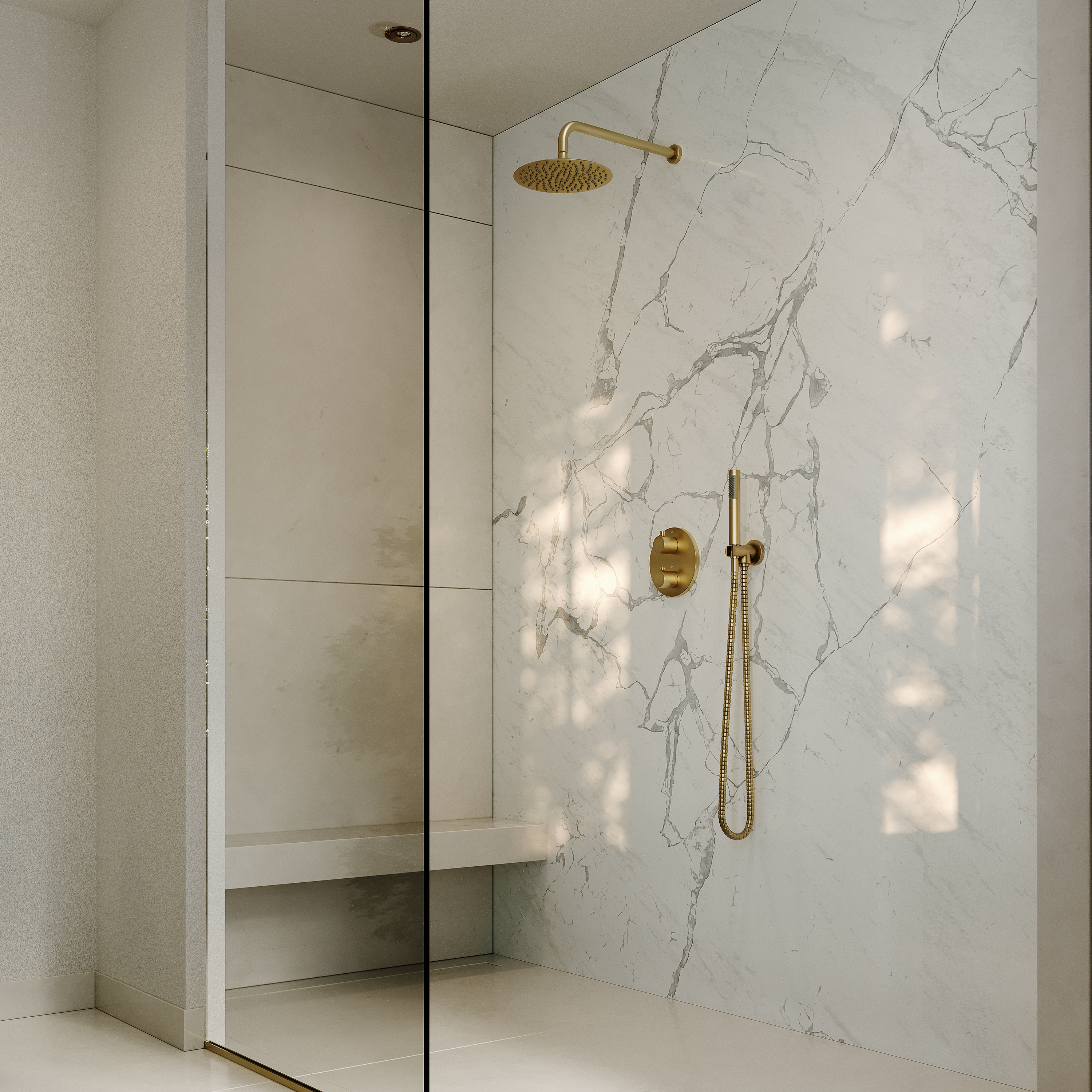 Nuvo Brushed Gold Thermostatic Shower With Handheld Shower