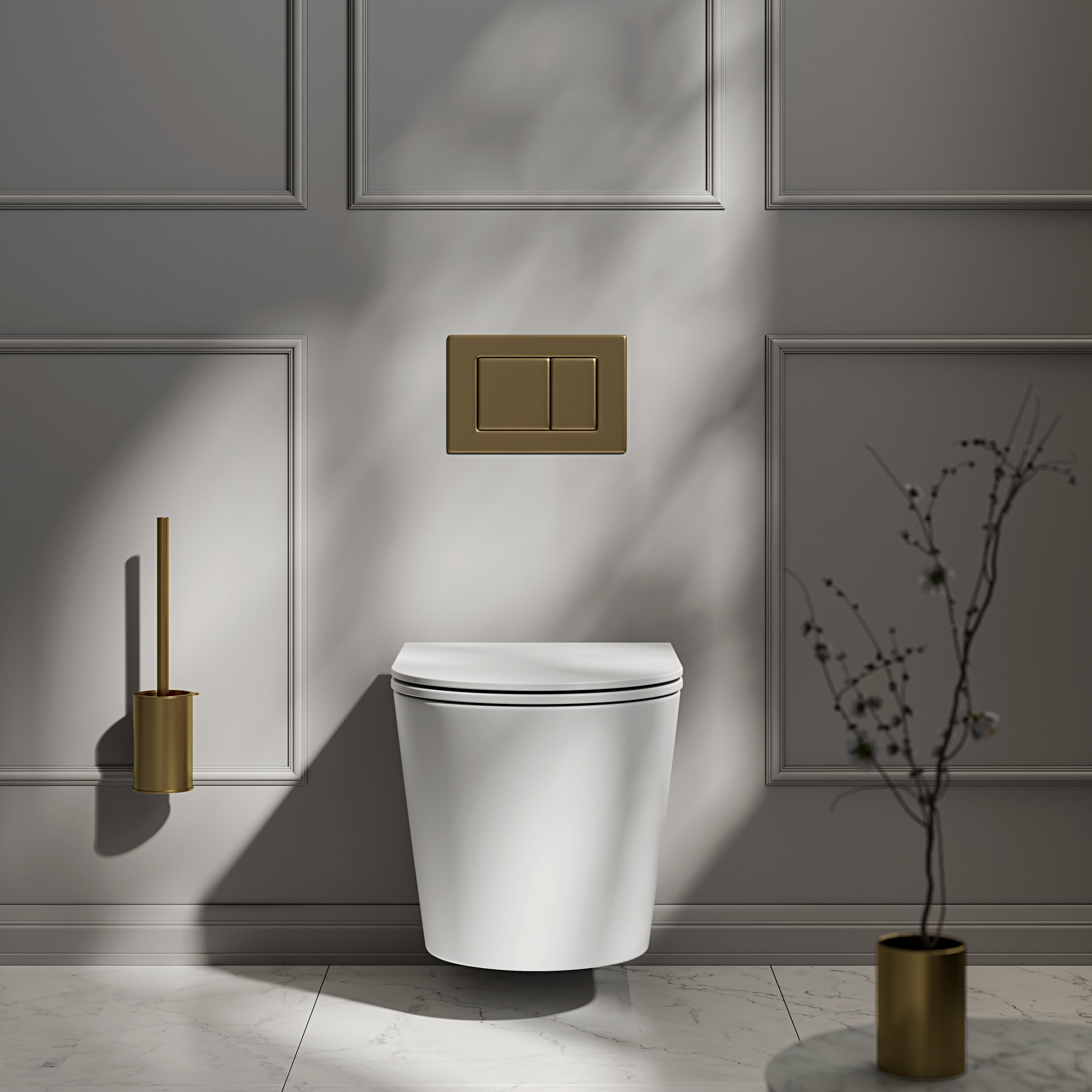 Nuvo Wall Hung Rimless Matte White Toilet with Concealed Frame Cistern and Brushed Gold Flush Plate