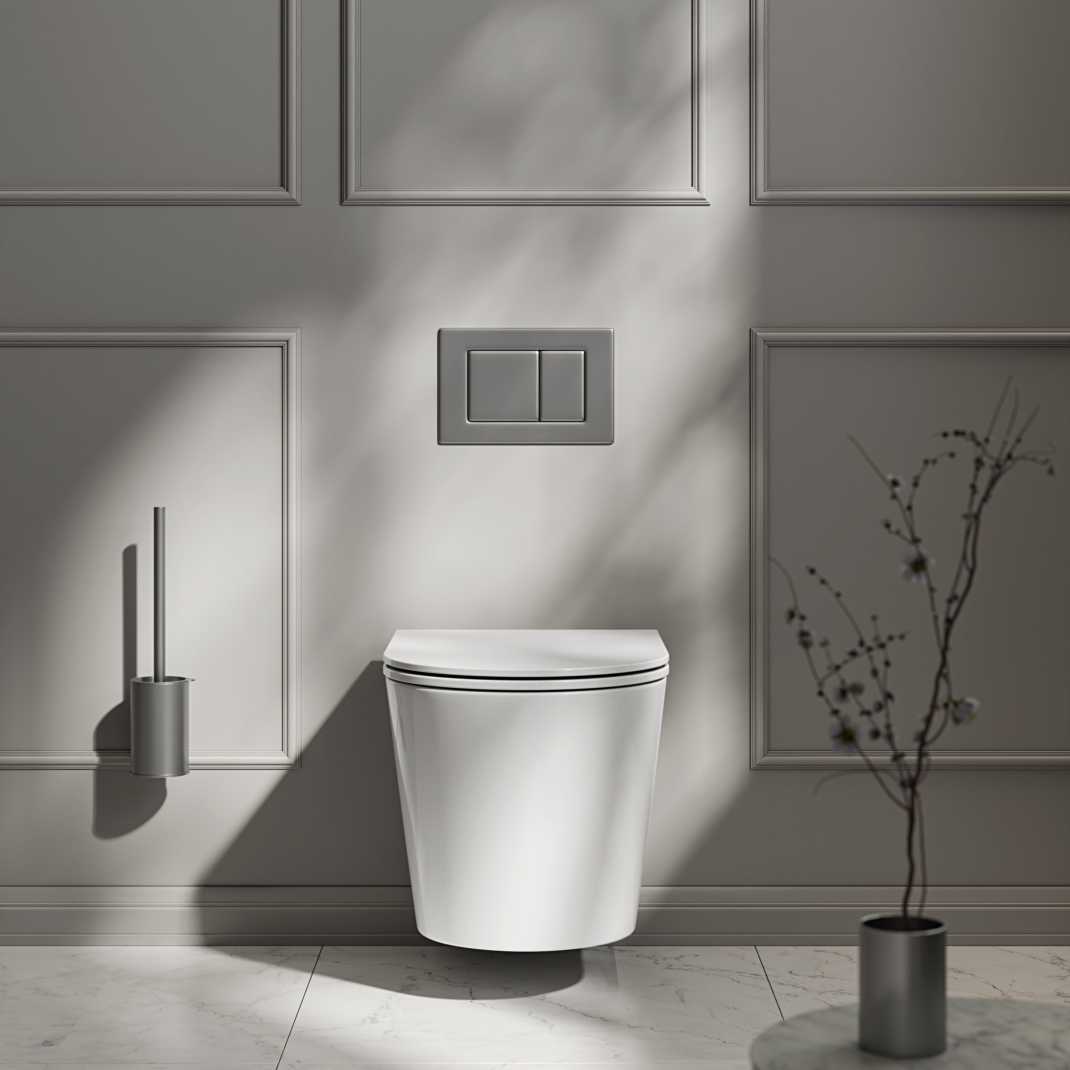 Nuvo Wall Hung Rimless Matte White Toilet & Concealed Frame Cistern and Brushed Stainless Flush Plat