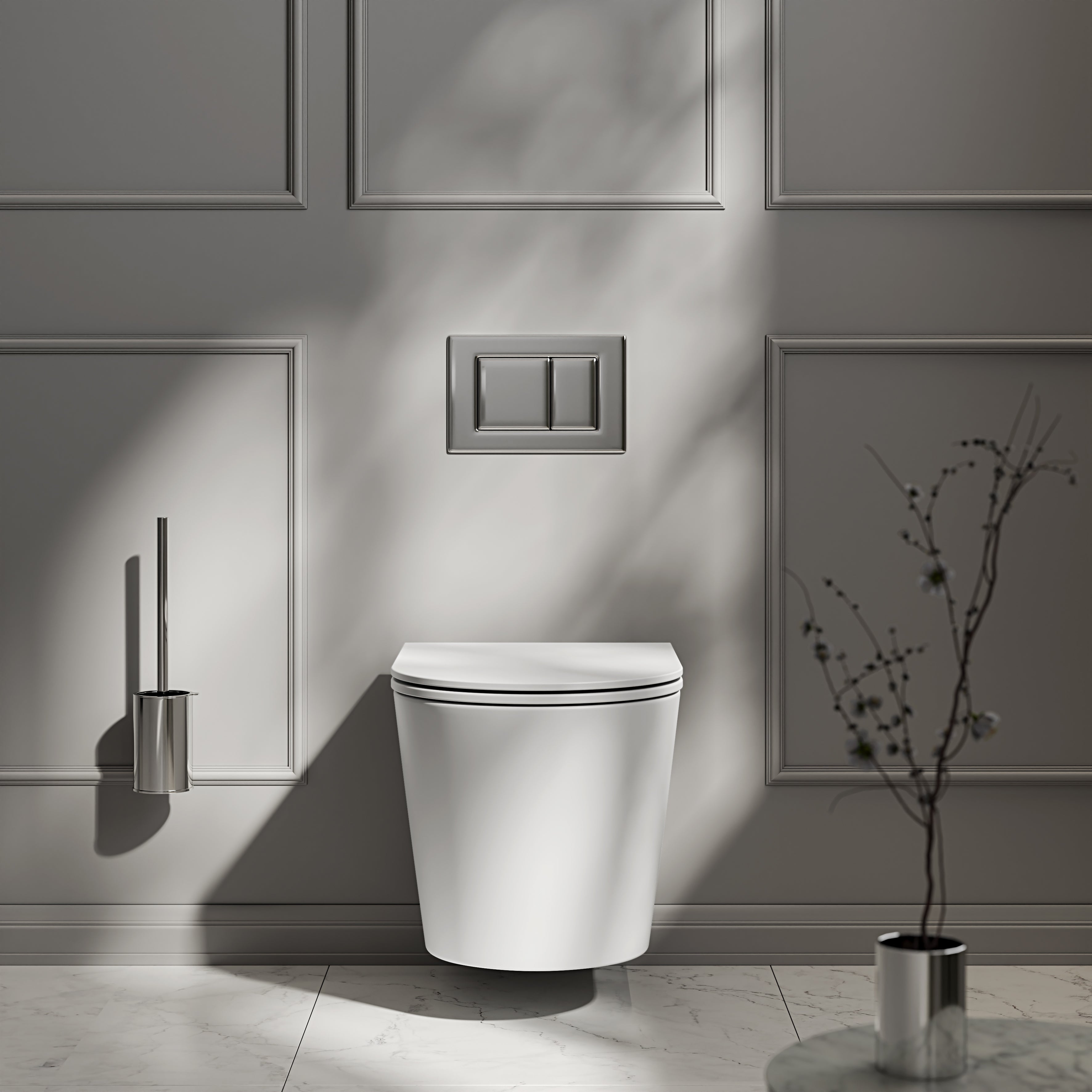 Nuvo Wall Hung Rimless Matte White Toilet with Concealed Frame Cistern and Chrome Flush Plate
