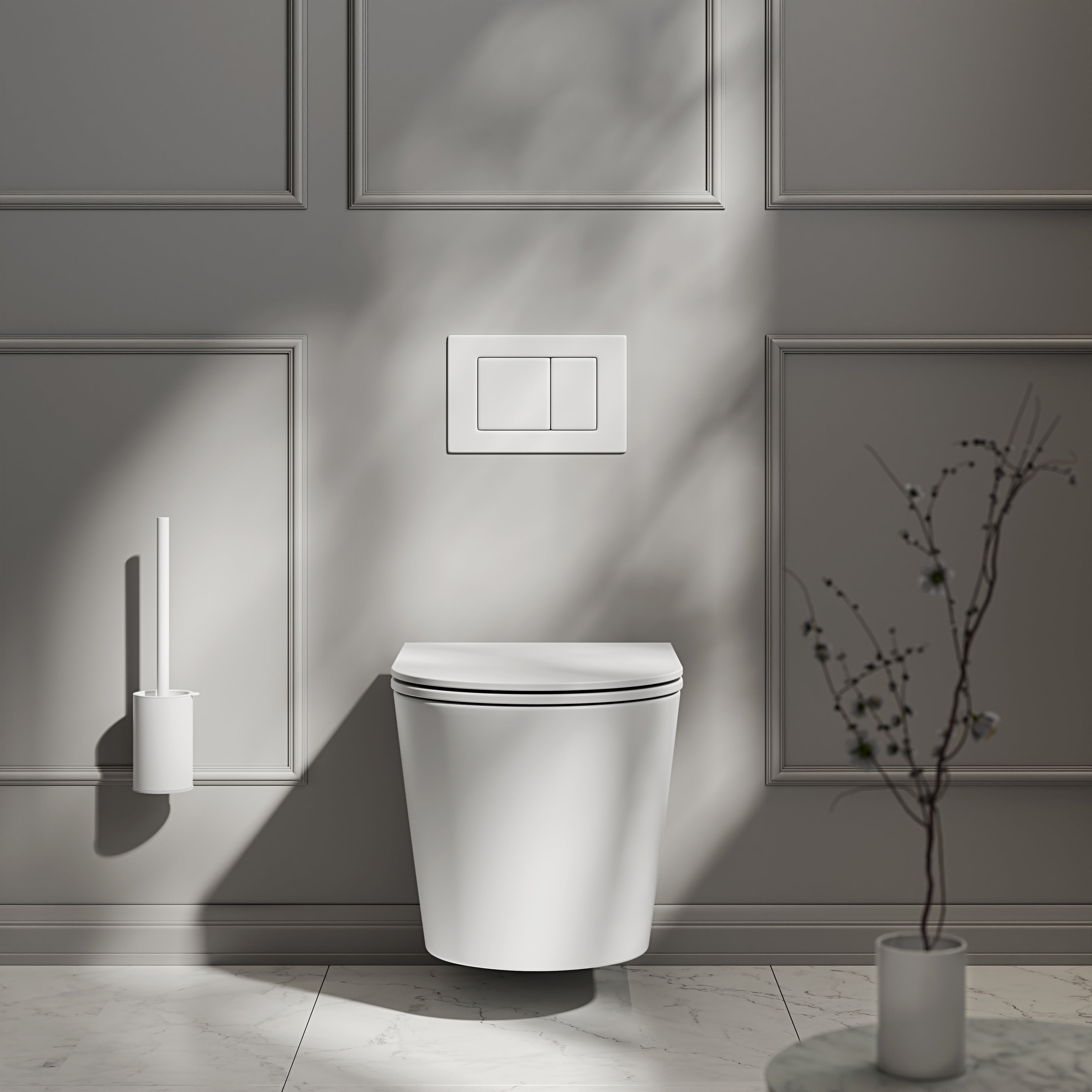 Nuvo Wall Hung Rimless Matte White Toilet with Concealed Frame Cistern & Matte White Flush Plate