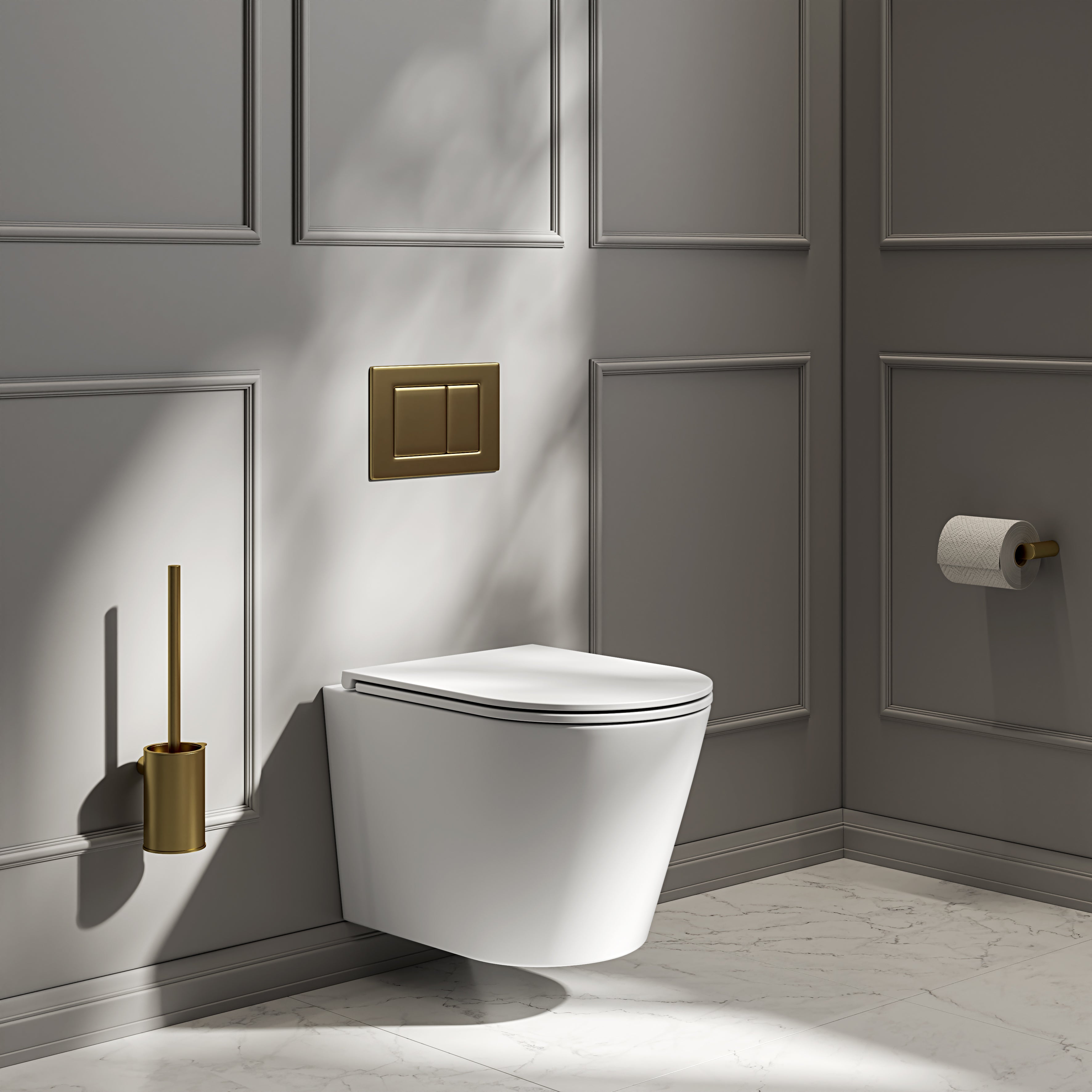 Nuvo Wall Hung Rimless Matte White Toilet with Concealed Frame Cistern and Brushed Gold Flush Plate