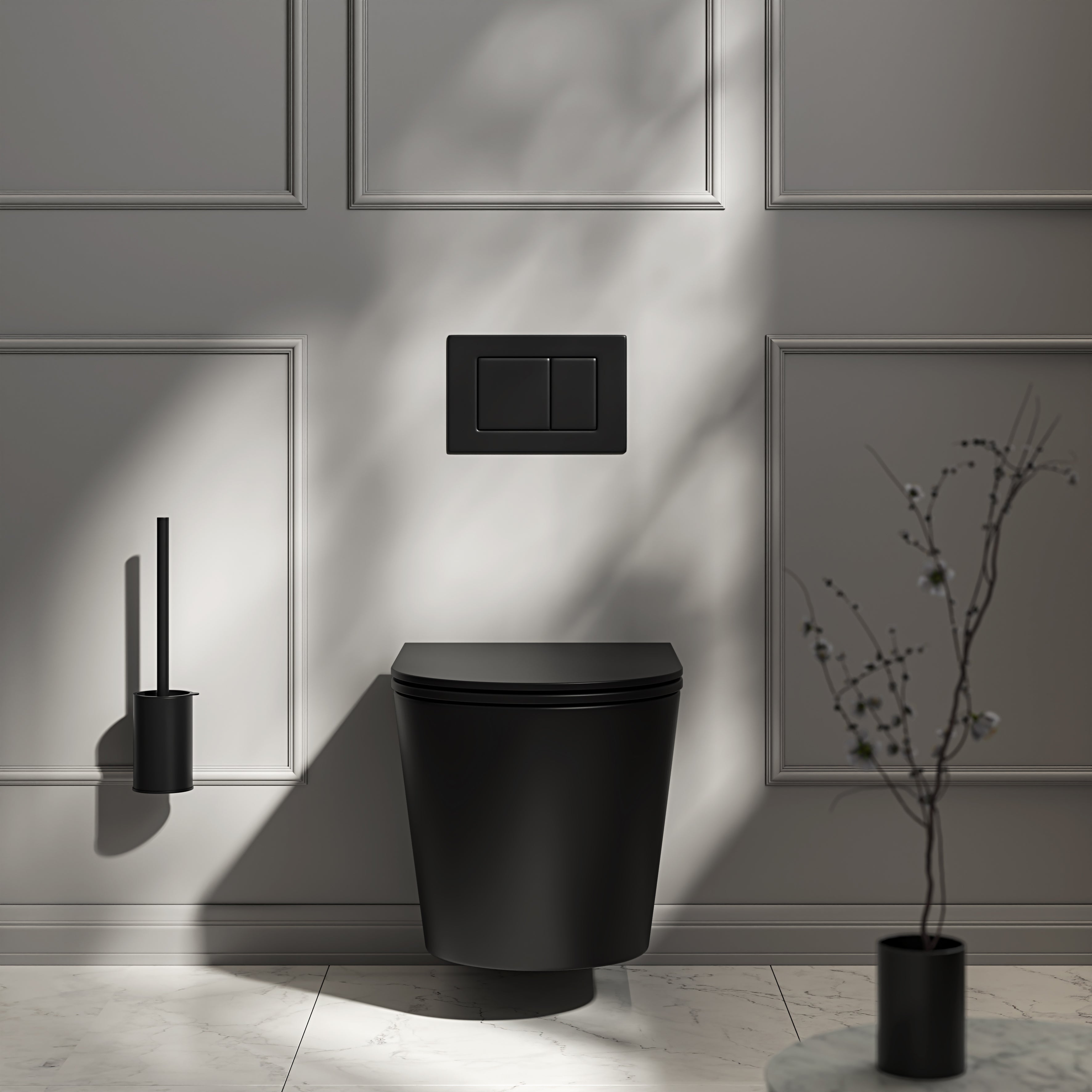 Nuvo Wall Hung Rimless Matte Black Toilet with Concealed Frame Cistern & Matte Black Flush Plate