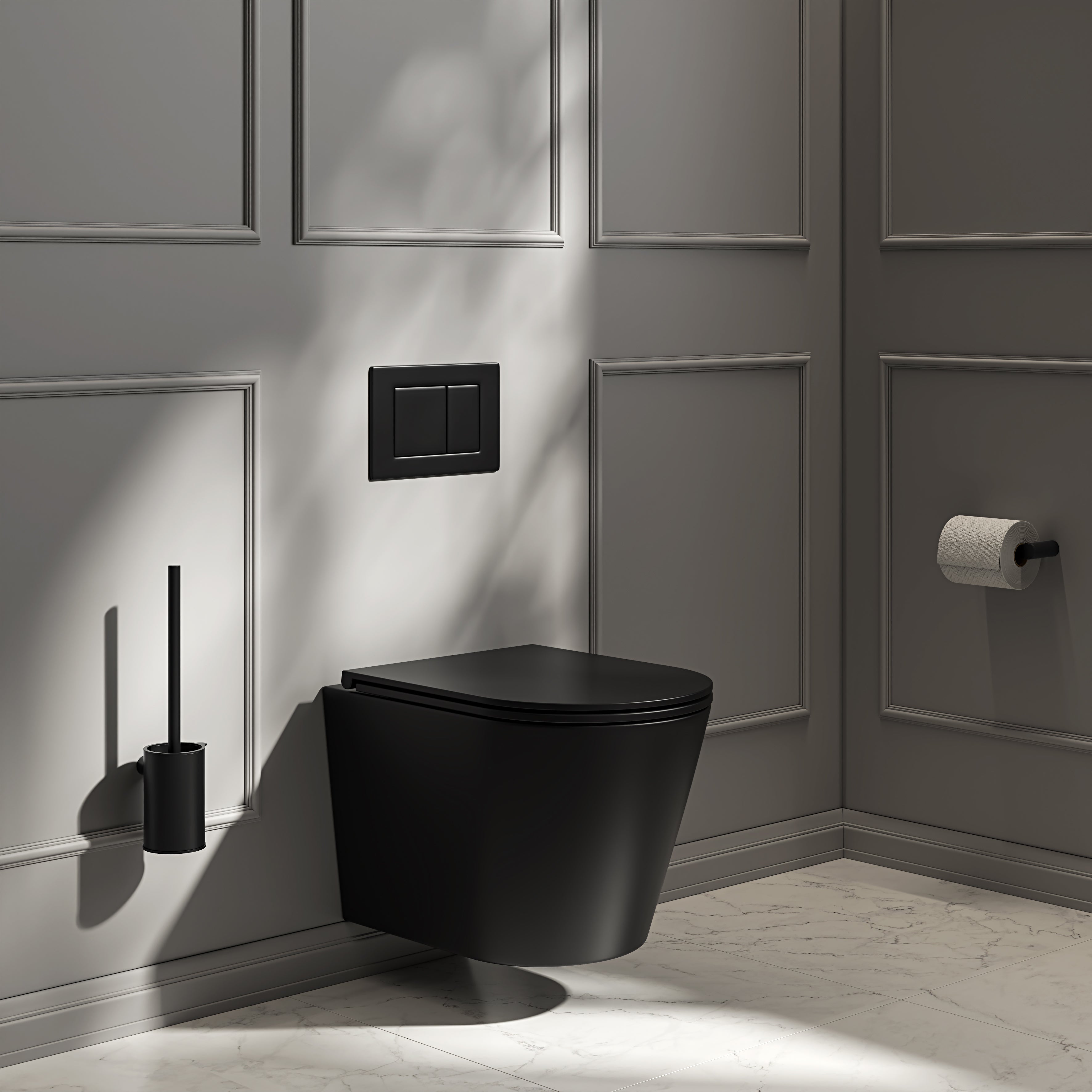 Nuvo Wall Hung Rimless Matte Black Toilet with Concealed Frame Cistern & Matte Black Flush Plate